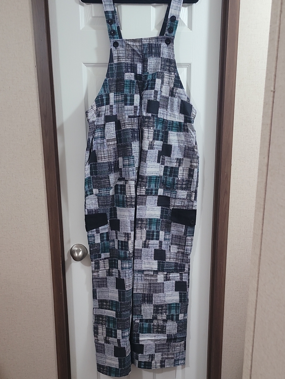 Yak & Yeti Patchwork Print Overalls Jumpsuit in Black, Gray & Teal